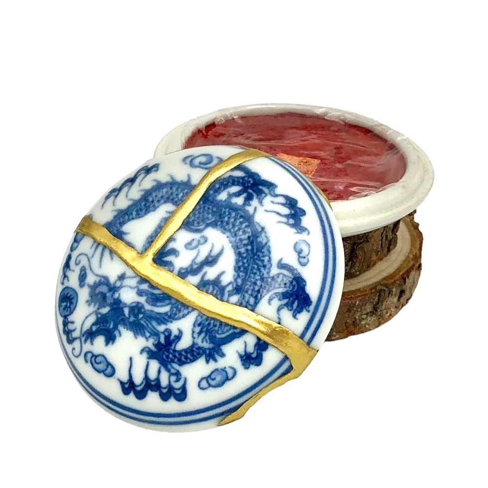 Kintsugi Chinese Porcelain Dragon 5-Claw Blue White Box Gold Crack Growth Gift